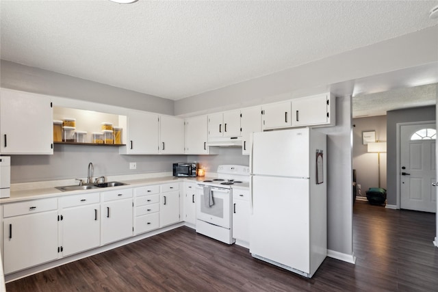 kitchen with under cabinet range hood, open shelves, a sink, white appliances, and light countertops