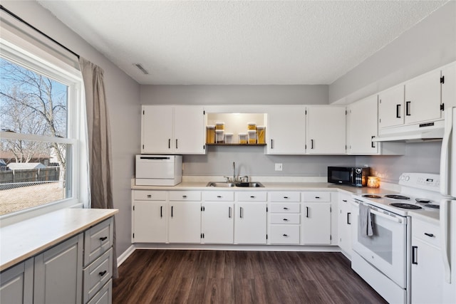 kitchen with black microwave, under cabinet range hood, dark wood finished floors, white electric range, and a sink