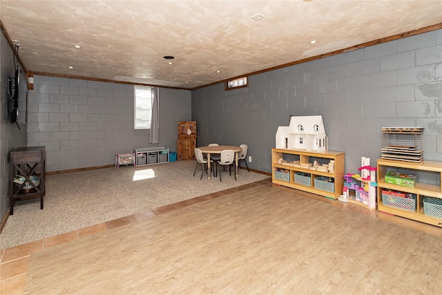 playroom with concrete block wall