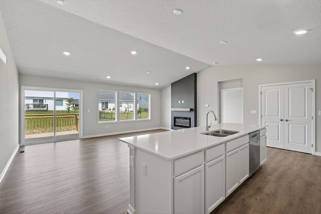 1803 Tuscany Dr SE, Altoona, IA 50009 - kitchen featuring dark wood-style flooring, stainless steel dishwasher, a large fireplace, an island with sink, and open floor plan