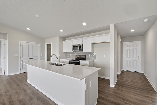 1803 Tuscany Dr SE, Altoona, IA 50009 - kitchen with stainless steel appliances, white cabinets, a kitchen island with sink, dark wood finished floors, and recessed lighting