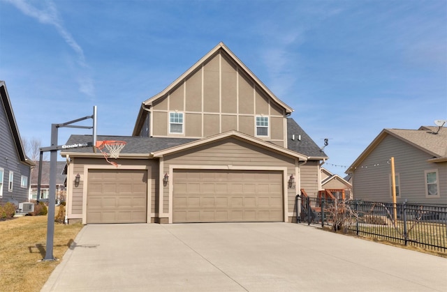 view of front of home featuring stucco siding, fence, cooling unit, roof with shingles, and concrete driveway