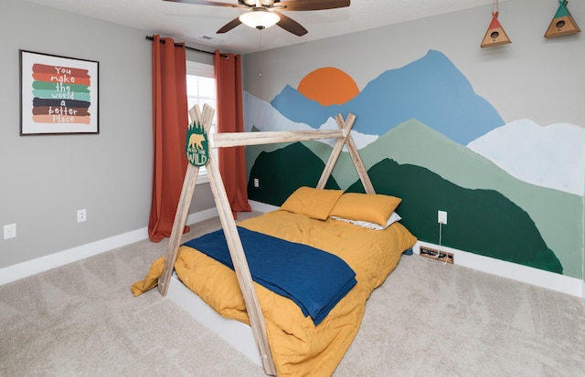 bedroom with visible vents, baseboards, ceiling fan, and carpet flooring