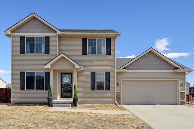 view of front facade featuring an attached garage, a shingled roof, driveway, and fence