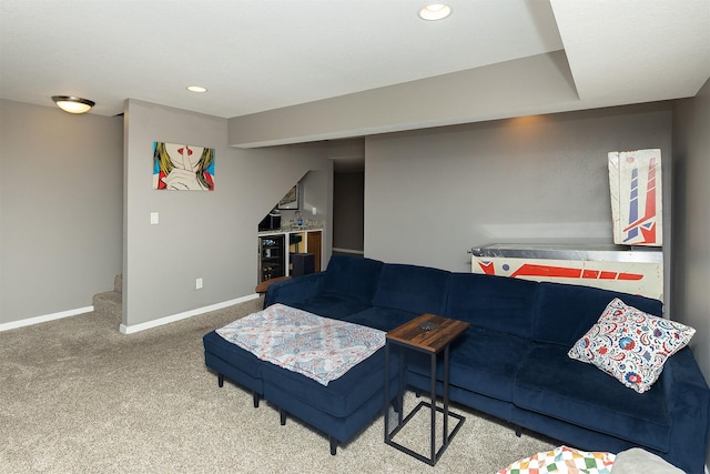 living room with stairway, recessed lighting, carpet, and baseboards