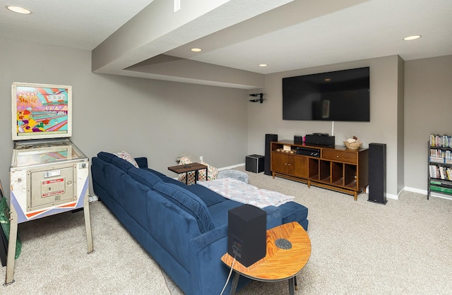 living room featuring recessed lighting, baseboards, and carpet floors