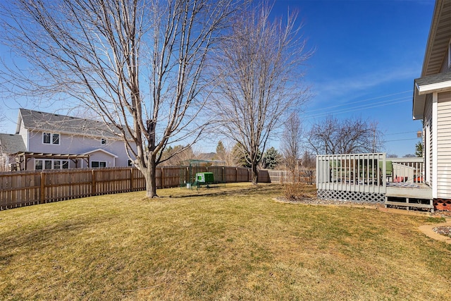 view of yard featuring a deck and a fenced backyard