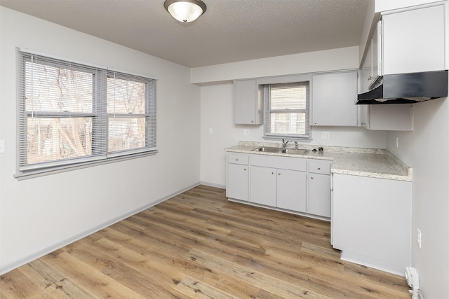 kitchen featuring a sink, a textured ceiling, light wood finished floors, baseboards, and light countertops