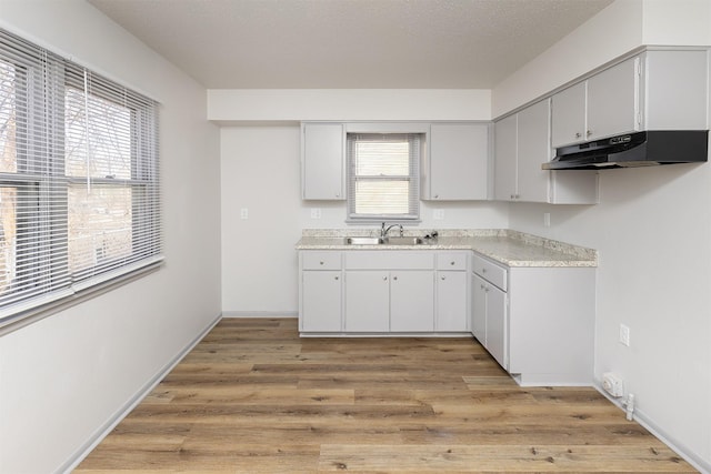 kitchen with light countertops, light wood finished floors, under cabinet range hood, and a sink