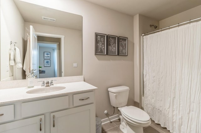 bathroom featuring tile patterned flooring, visible vents, toilet, and vanity