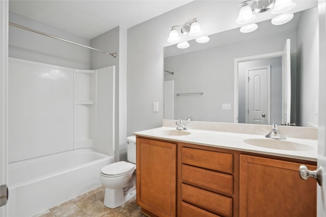 full bathroom with bathtub / shower combination, double vanity, toilet, and a sink