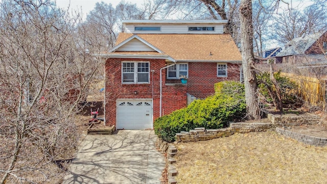 view of front of property featuring brick siding, driveway, an attached garage, and roof with shingles