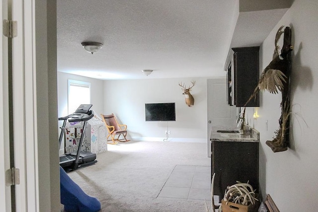 workout room featuring baseboards, light carpet, and a textured ceiling