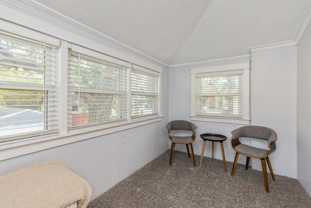 living area featuring plenty of natural light, lofted ceiling, and carpet floors