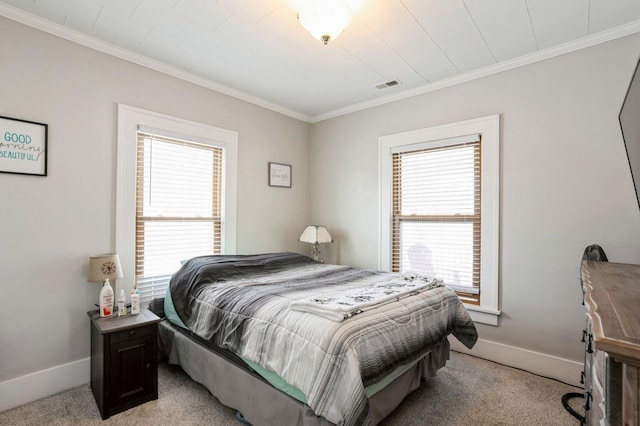 bedroom featuring light carpet, visible vents, crown molding, and baseboards