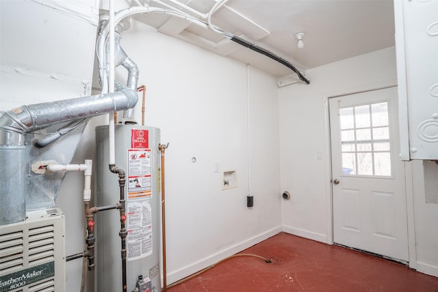 interior space featuring water heater, laundry area, baseboards, and washer hookup