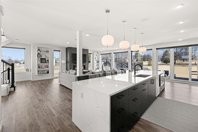 kitchen with dark wood-style flooring, a healthy amount of sunlight, modern cabinets, and a sink