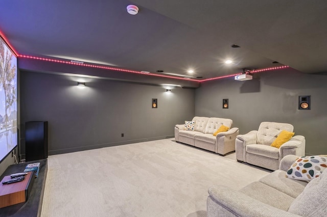 cinema room with recessed lighting, baseboards, and carpet floors