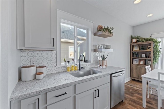 kitchen with tasteful backsplash, a sink, open shelves, and stainless steel dishwasher