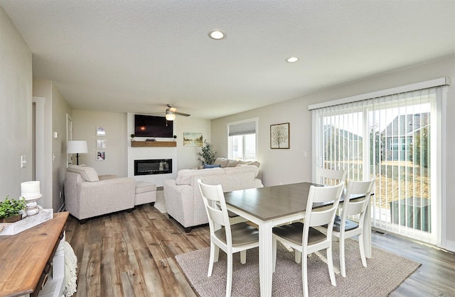 dining area featuring recessed lighting, a glass covered fireplace, a healthy amount of sunlight, and wood finished floors