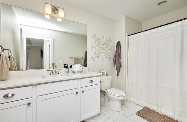 full bath featuring a shower with curtain, toilet, marble finish floor, and vanity