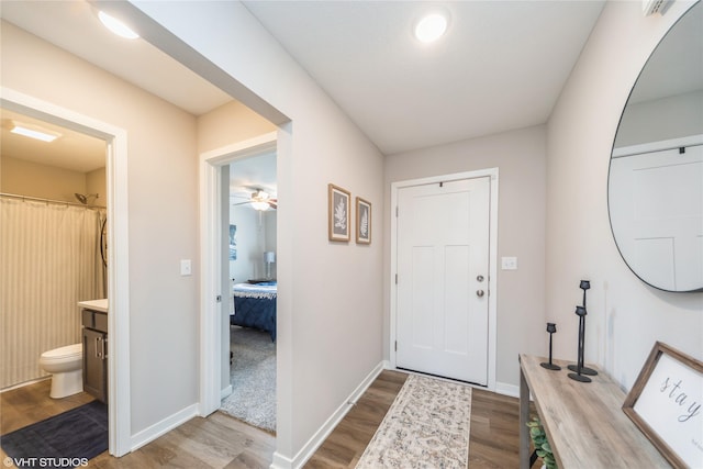 entryway featuring baseboards and wood finished floors