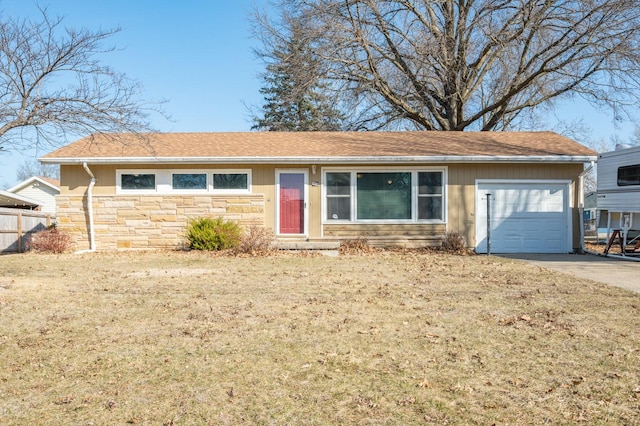 ranch-style house featuring a front lawn, fence, a garage, stone siding, and driveway