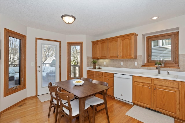 kitchen featuring light wood finished floors, a sink, tasteful backsplash, and white dishwasher