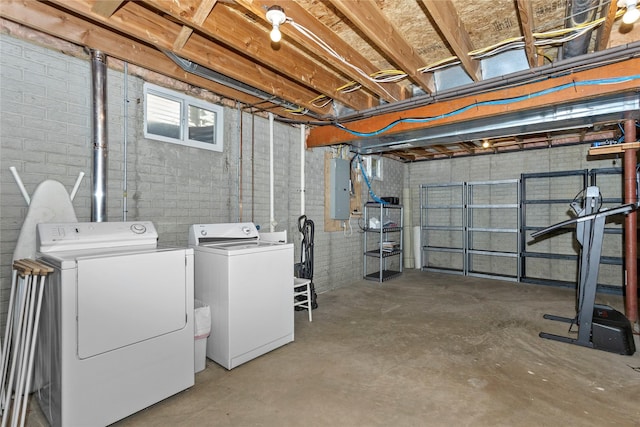 basement with electric panel and separate washer and dryer