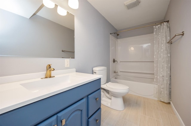 full bathroom with vanity, shower / bath combination with curtain, toilet, and visible vents