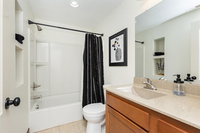 bathroom featuring tile patterned floors, visible vents, toilet, shower / bath combination with curtain, and vanity