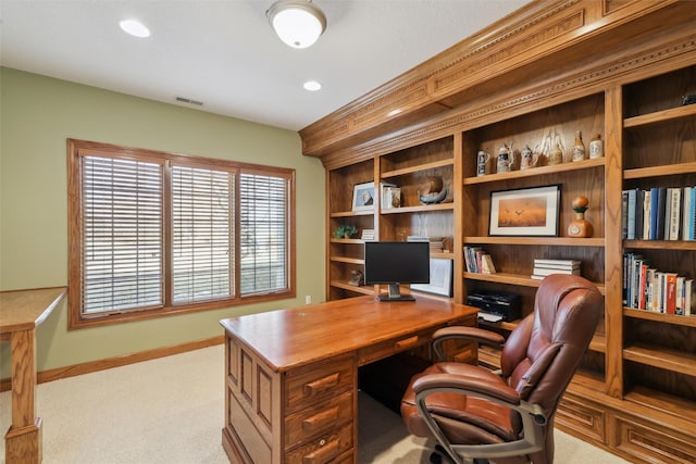 office space featuring recessed lighting, visible vents, light carpet, and baseboards