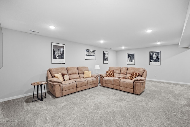 living area featuring recessed lighting, carpet, visible vents, and baseboards