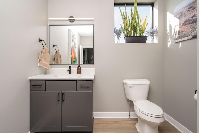 half bath with baseboards, toilet, wood finished floors, and vanity