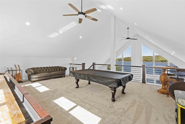 recreation room with carpet floors, lofted ceiling, recessed lighting, pool table, and a water view