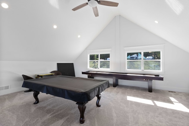 recreation room featuring lofted ceiling, baseboards, visible vents, and carpet floors