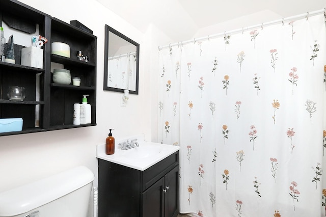 full bathroom featuring vanity, a shower with shower curtain, and toilet