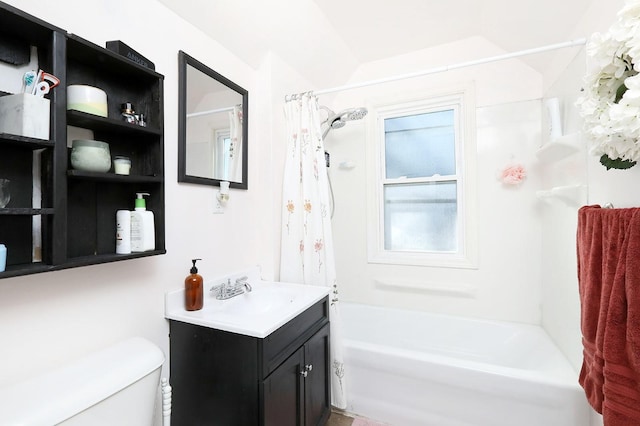 full bathroom featuring vanity, toilet, and shower / bath combo with shower curtain