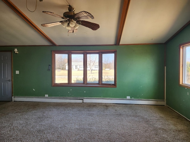 unfurnished room with carpet, baseboard heating, ceiling fan, and vaulted ceiling with beams