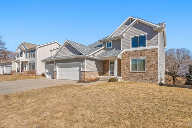 craftsman inspired home featuring a front yard, an attached garage, stone siding, and driveway