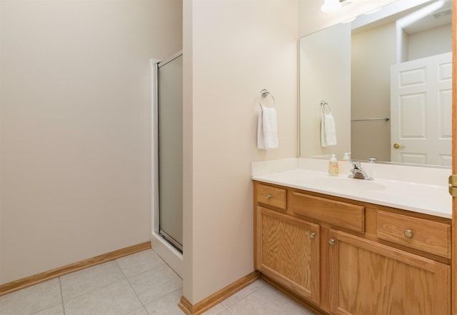 full bath featuring visible vents, a shower stall, tile patterned flooring, baseboards, and vanity