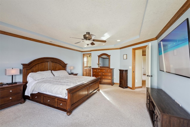 bedroom with crown molding, baseboards, light carpet, a textured ceiling, and a ceiling fan