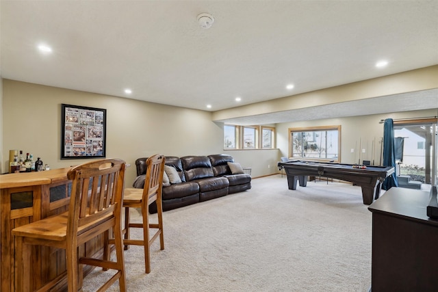 game room with carpet flooring, recessed lighting, pool table, and a bar