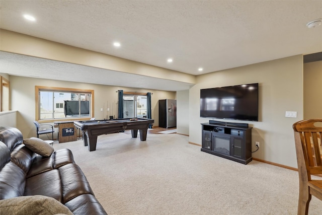 recreation room featuring recessed lighting, baseboards, billiards, and carpet flooring