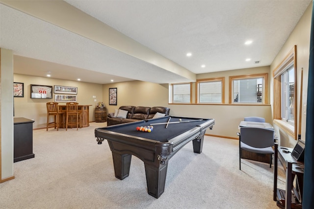 rec room with recessed lighting, a bar, pool table, carpet flooring, and baseboards