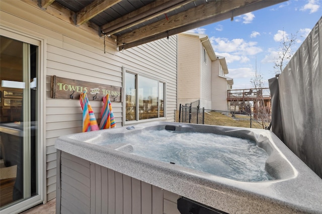 view of patio featuring a hot tub