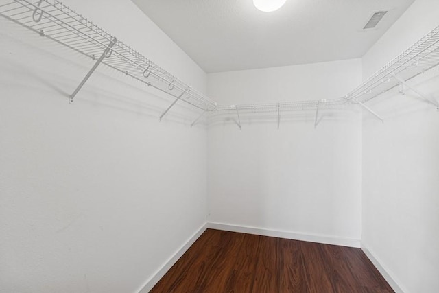 spacious closet featuring visible vents and dark wood-style flooring