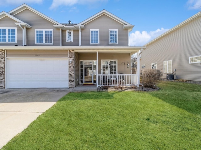 view of front of house with a front lawn, central AC, covered porch, driveway, and an attached garage