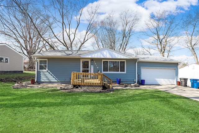 ranch-style house with a garage, concrete driveway, and a front yard