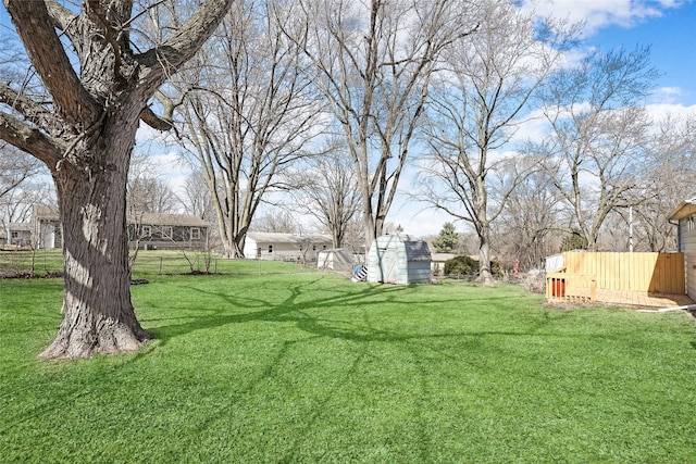 view of yard with a storage unit, an outdoor structure, and fence